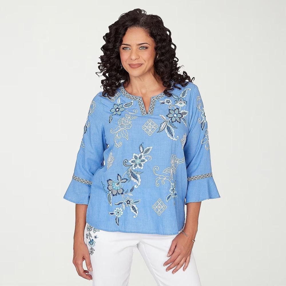 MSRP $64 Alfred Dunner Mykonos Womens XL Light Blue Embroidered Blouse Split Cre